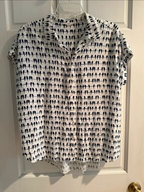 White and Navy Short-Sleeve Bird-Print Button Front Blouse